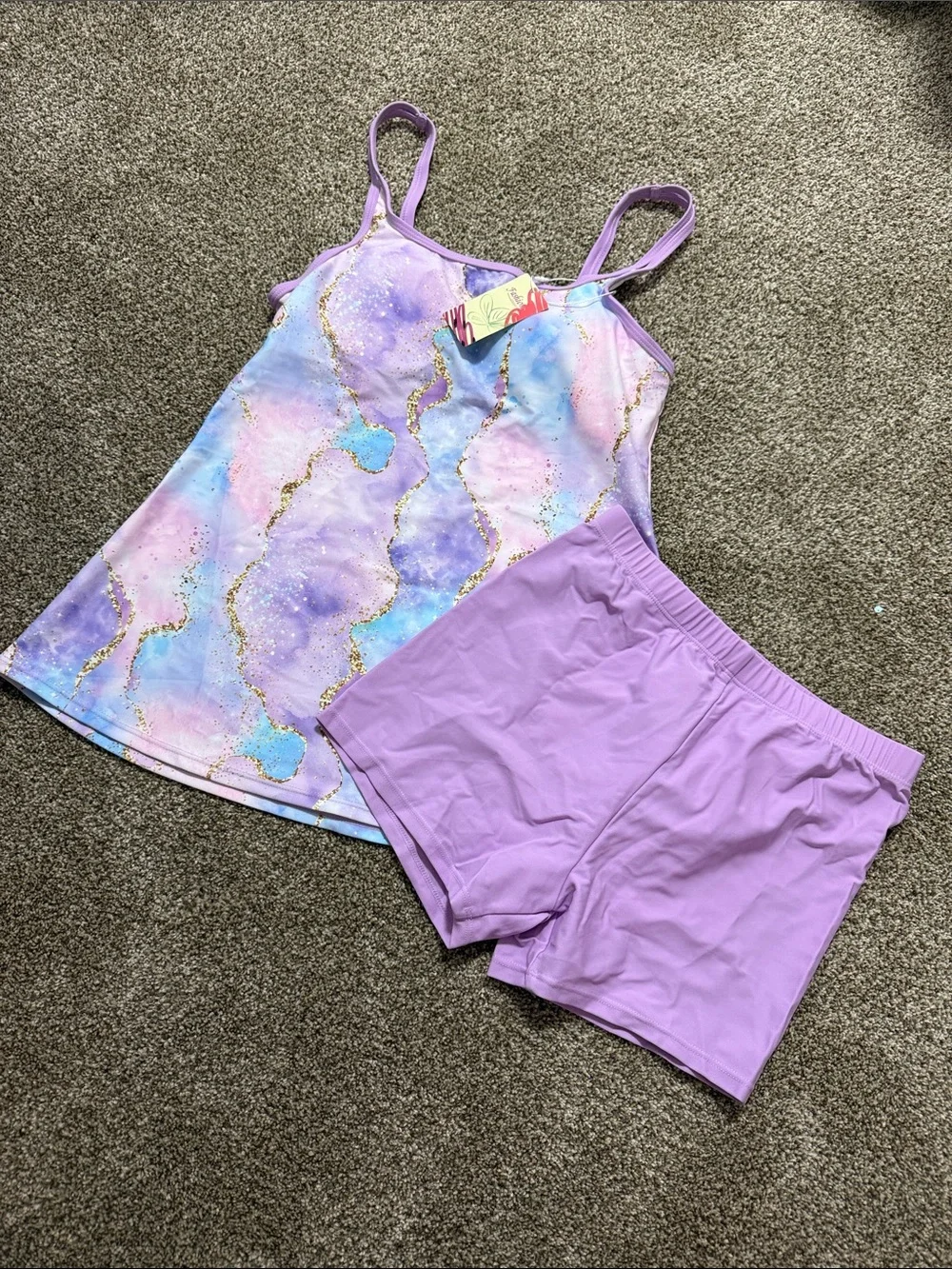 Girls' Lavender Marble Swim Set - Tank & Shorts